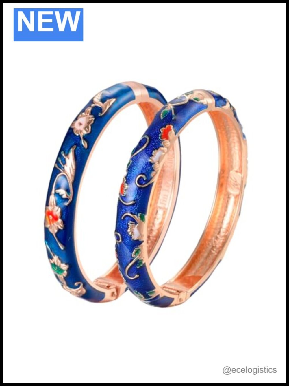 Cloisonne Butterfly Flower Bangle Bracelet Set Gold Plated Enamel 2 Pc Cuff
